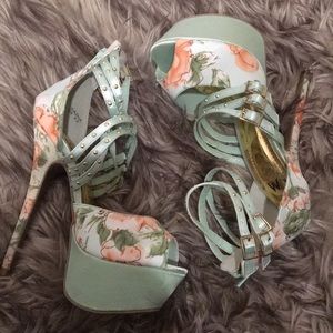 Mint Green Floral Peep Toe Platform Heels